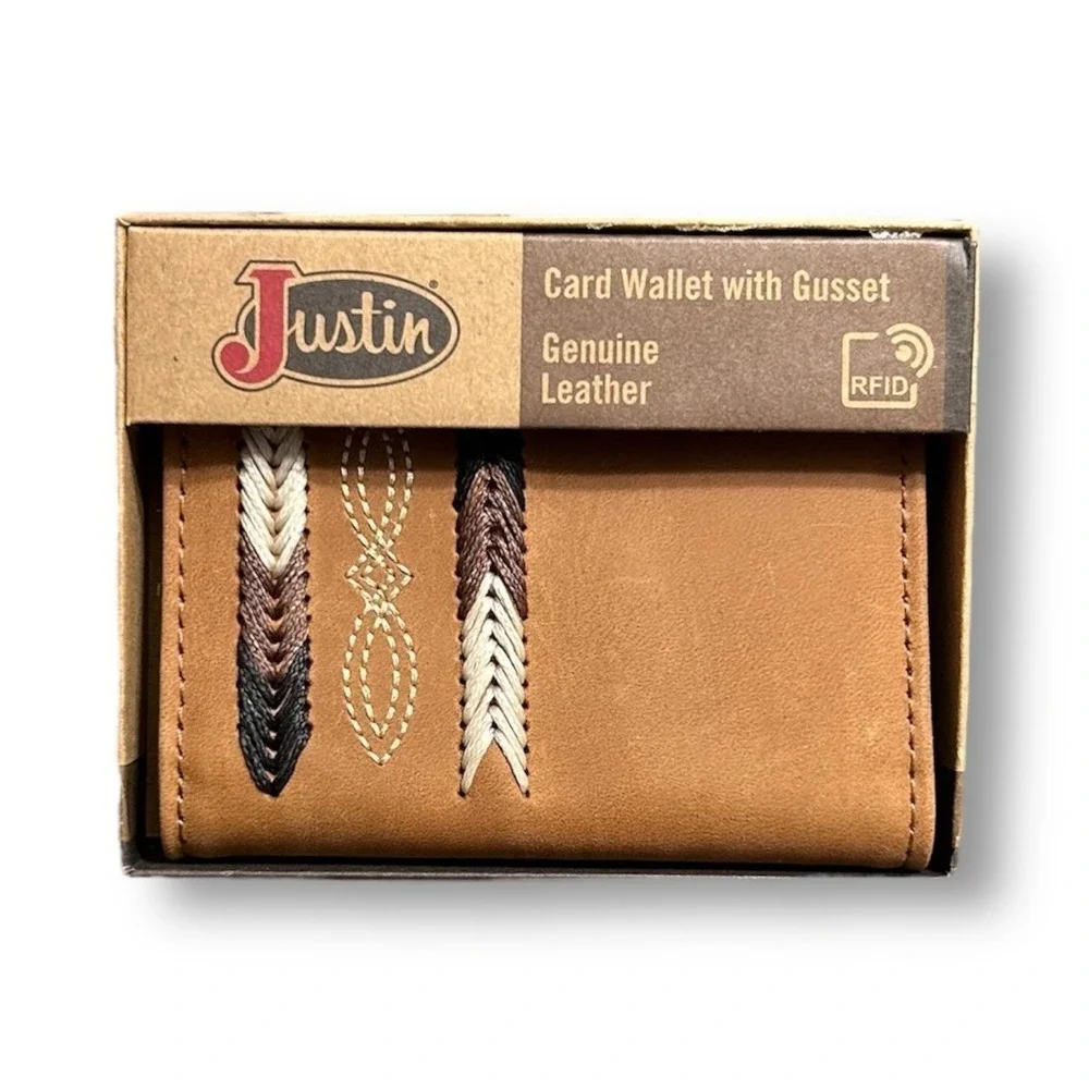 Justin Genuine Embroidered Leather RFID Brown Bifold Wallet Western‎ Trim Cowboy